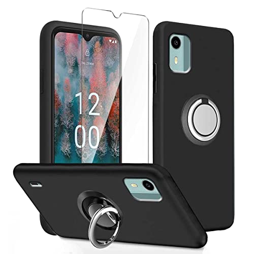 LYZXMY Hülle für Nokia C12 (6.3") Schwarz + Drehbarer Ständer + Gehärteter Film Displayschutzfolie - Schutzhülle Weich Silikon Flexibel TPU Tasche Case von LYZXMY