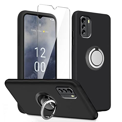 LYZXMY Hülle für Nokia G60 5G (6.58") Schwarz + Drehbarer Ständer + Gehärteter Film Displayschutzfolie - Schutzhülle Weich Silikon Flexibel TPU Tasche Case von LYZXMY