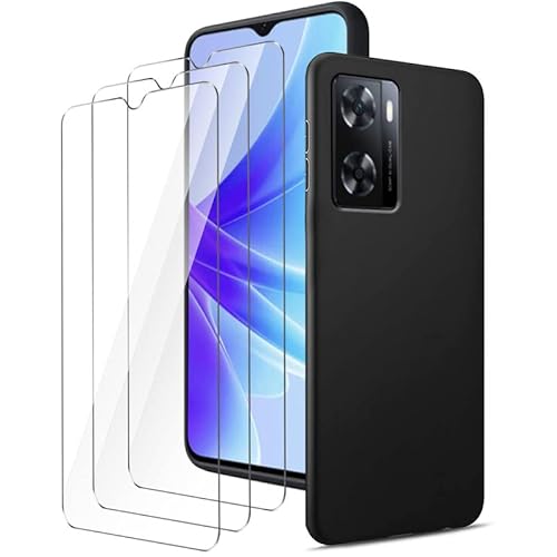 LYZXMY Hülle für Oppo A57 4G / A57S(6.56") Schwarz Handyhülle + 3 Stück Gehärtetes Glas Schutzfolie, Case Weich Silikon TPU Schutzhülle Cover 9H Härte HD Gehärtetes Glasfolie Glas von LYZXMY