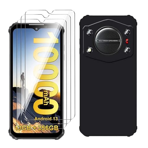 LYZXMY Hülle für Oukitel WP22 (6.58") Schwarz Handyhülle + 3 Stück Gehärtetes Glas Schutzfolie, Case Weich Silikon TPU Schutzhülle Cover 9H Härte HD Gehärtetes Glasfolie Glas von LYZXMY