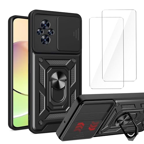 LYZXMY Hülle für Realme C67 4G (6.72") + 2 x Gehärteter Film Schutzfolie - HandyHülle Mit 360 Grad Ring Ständer Stoßfeste Schutzhülle [ Dual Layer PC + TPU ] Tasche Case Schwarz von LYZXMY