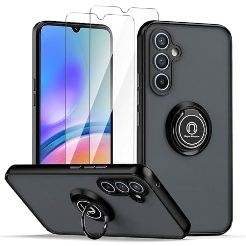 LYZXMY Hülle für Samsung Galaxy A05s Schwarze with Ring Stnad Hülle+ 2 x Displayschutzfolie aus gehärtetem Glas,PC +TPU stoßfest Anti-Scratch Telefon Fall Abdeckung von LYZXMY