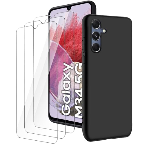 LYZXMY Hülle für Samsung Galaxy M34 5G(6.5") Schwarz Handyhülle + 3 Stück Gehärtetes Glas Schutzfolie, Case Weich Silikon TPU Schutzhülle Cover 9H Härte HD Gehärtetes Glasfolie Glas von LYZXMY