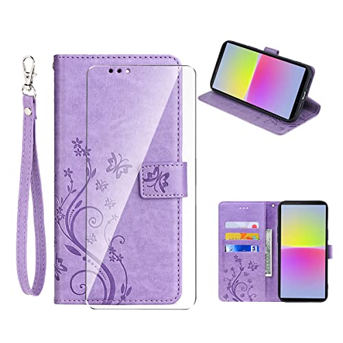 LYZXMY Hülle für Sony Xperia 10 IV 5G(6.0") Lederetui Handyhülle + 1 Stück Gehärtetes Glas Schutzfolie, Prägung mit Kartenschlitz Wallet Handytasche Flip Case Ledertasche-Violett von LYZXMY