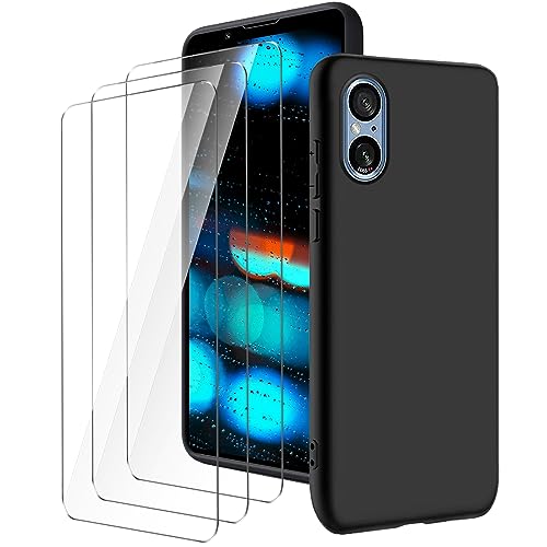 LYZXMY Hülle für Sony Xperia 5 V 5G(6.1") Schwarz Handyhülle + 3 Stück Gehärtetes Glas Schutzfolie, Case Weich Silikon TPU Schutzhülle Cover 9H Härte HD Gehärtetes Glasfolie Glas von LYZXMY