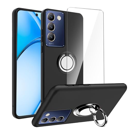 LYZXMY Hülle für Vivo V40 SE 5G(6.67") Schwarz Hülle + Drehringhalter + Gehärtetes Glas Displayschutz von LYZXMY