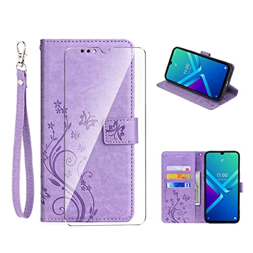 LYZXMY Hülle für Wiko Y82(6.1") Lederetui Handyhülle + 1 Stück Gehärtetes Glas Schutzfolie, Prägung mit Kartenschlitz Wallet Handytasche Flip Case Ledertasche-Violett von LYZXMY