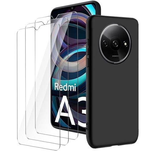 LYZXMY Hülle für Xiaomi Redmi A3(6.71") Schwarz Handyhülle + 3 Stück Gehärtetes Glas Schutzfolie, Case Weich Silikon TPU Schutzhülle Cover 9H Härte HD Gehärtetes Glasfolie Glas von LYZXMY