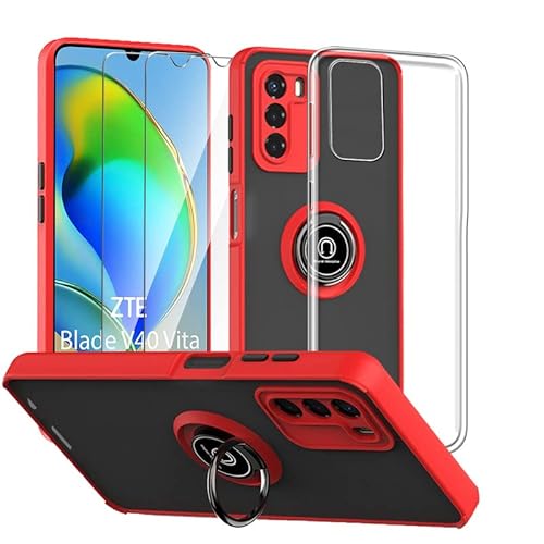 LYZXMY Hülle für ZTE Blade A72 4G /V40 Vita (6.75") Rot with Ring Stnad Hülle + transparent Telefon Fall + 2 x Displayschutzfolie aus gehärtetem Glas von LYZXMY