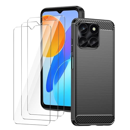 LYZXMY Schutzfolie für Honor X6a 4G Hülle Schwarz Kohlefaser + 3 x Gehärteter Film Displayschutzfolie - Weich Schutzhülle Flexibel Tasche Case Cover für Honor X6a 4G (6.56") von LYZXMY