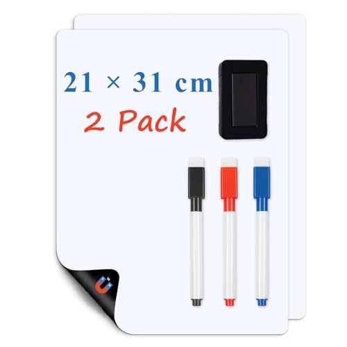 ‌LYZZXI Magnettafel Kühlschrank-A4 Whiteboard-Folien (2er Pack), Einkaufsliste Magnetisch Kühlschrank, Flexibler Magnetfolie Weiß für Einkaufsliste & Familiennotizen, inklusive Marker, Radiergummi von LYZZXI