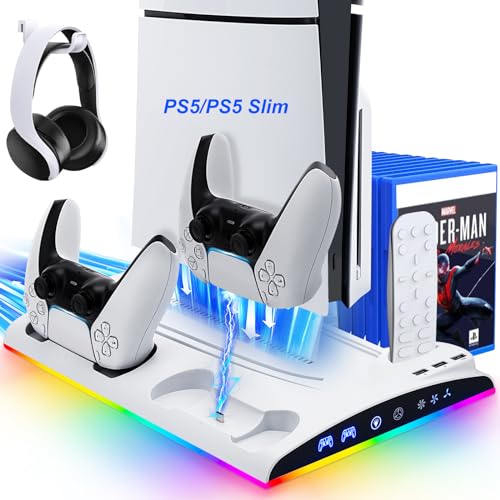 LYtech PS5/PS5 Slim Ständer mit 3 Stufig Lüfter und RGB Licht, PS5 Standfuß mit 3 USB Ports/Controller Ladestation/Headset Halter/Remote Steckplatz/13 Spiele Aufbewahrung für PS5 Playstation 5 Zubehör von LYtech