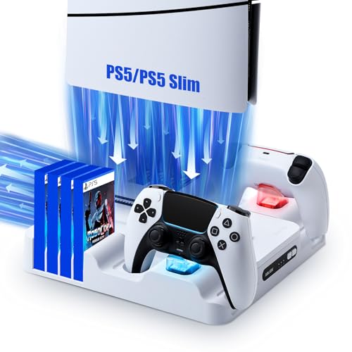 LYtech PS5 Slim Ladestation Ständer mit Lüfter Playstation 5 Slim Ständer Zubehör für PS5 Slim Disc & Digital PS5 Slim Standfuß mit 3-Stufig Lüfter Dual Controller Ladestation 8 Spiele Aufbewahrung von LYtech