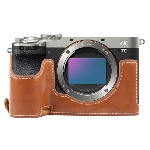 LZOQOWUJ MGJQJ TTYKK for ILCE-7CM2 / Alpha 7C II Glänzende PU-Leder-Kamera-Halbgehäusebasis(Brown) von LZOQOWUJ