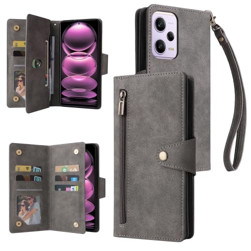LZOQOWUJ PMBHCL Schutzhülle für Redmi Note 12 Pro Speed/Note 12 Pro Global/Poco X5 Pro, Nietenschnalle, 9 Karten, dreifach gefaltete Lederhülle, RRTWQ (Grau) von LZOQOWUJ