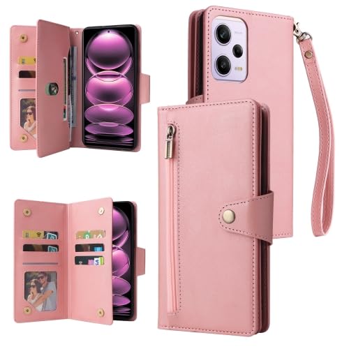 LZOQOWUJ PMBHCL Schutzhülle für Redmi Note 12 Pro Speed/Note 12 Pro Global/Poco X5 Pro, Nietenschnalle, 9 Karten, dreifach gefaltete Lederhülle, RRTWQ (Roségold) von LZOQOWUJ