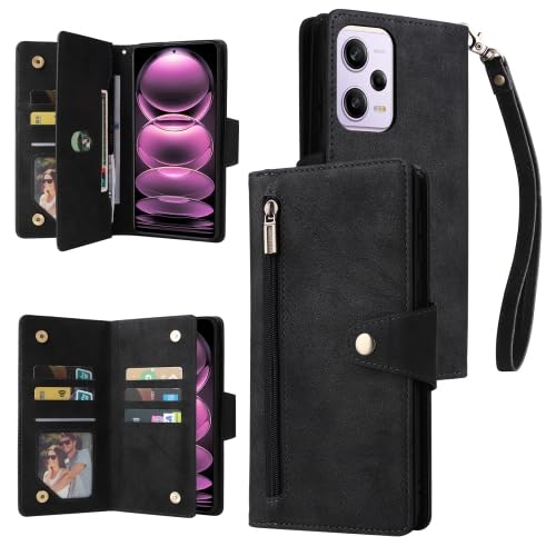 LZOQOWUJ PMBHCL Schutzhülle für Redmi Note 12 Pro Speed/Note 12 Pro Global/Poco X5 Pro, Nietenschnalle, 9 Karten, dreifach gefaltete Lederhülle, RRTWQ (Schwarz) von LZOQOWUJ