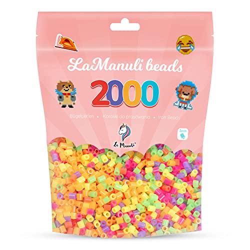 La Manuli Bügelperlen ca. 2000 Stück Midi Perlen Im wiederverschließbaren Beutel | Nachfüllset Bastelperlen Mit jeder Marke Beads kompatibel | 5 mm Steckperlen (Neonfarben) von La Manuli