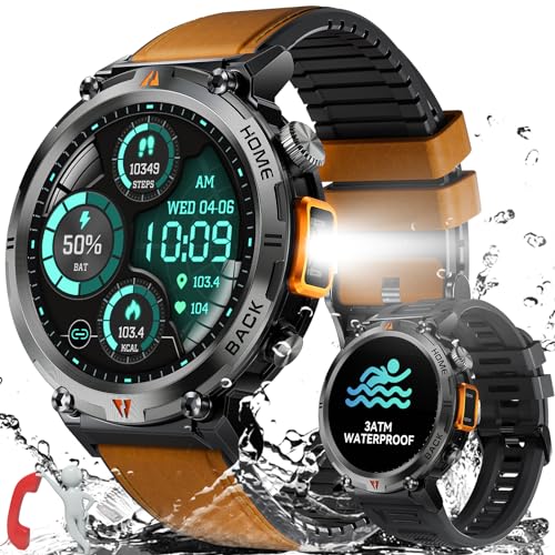 Smartwatch Herren mit Telefonfunktion, 1,45" 3ATM Wasserdicht Militär Smartwatch mit LED Taschenlampe, Robuste Outdoor Uhren mit 24H Gesundheits-Screening, 110+ Sportmodi Fitnessuhr für Android iOS von LaNikar