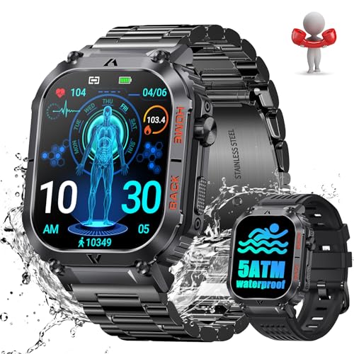 Smartwatch Herren mit Telefonfunktion, 5ATM Wasserdicht Militär Smartwatch mit Kompass, 2,02" Robuste Outdoor Touchscreen Uhren mit 24H Gesundheits-Screening, 110+ Sportmodi Fitnessuhr für Android iOS von LaNikar