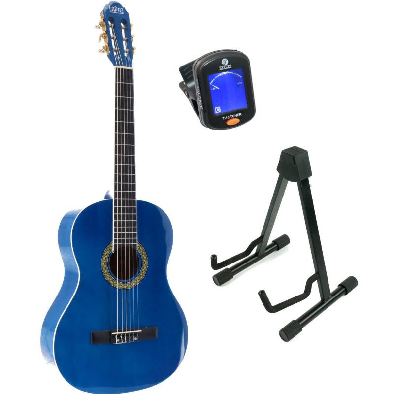 LaPaz 002 BL 4/4-Size Classical Guitar (Blue) + Stand and Tuner von LaPaz