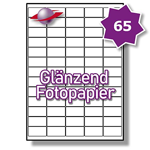 65 Pro Blatt, 10 Blätter, 650 Etiketten. Label Planet® A4 Glänzend Weiß Fotoqualität Papier Etiketten Für Tintenstrahl und Laserdrucker 38.1 x 21.2mm, LP65/38 GWPQ. von Label Planet