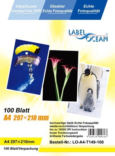 100 Blatt A4 Overheadfolie (OHP Transparentfolie Transparentpapier) für Inkjetdrucker, Inkjet, schwarz/weiss Laserdrucker und Farblaserducker, Tintenstrahldrucker, schwarz weiss Kopierer und Farbkopierer von LabelOcean (R)