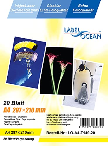 20 Blatt A4 Overheadfolie (OHP Transparentfolie Transparentpapier) für Inkjetdrucker, schwarz/Weiss Laserdrucker und Farblaserducker von LabelOcean