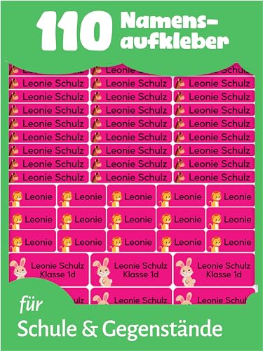 LabelTiger® Personalisierte Namensaufkleber im Set für Kinder in der Schule - 110 Stück, Aufkleber für Stifte und Schulsachen, Selbstklebend & Wasserfest - Pink von LabelTiger