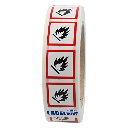 Labelident GHS 02 Etiketten 25 x 25 mm - Warnung feuergefährliche Stoffe - 1.000 Gefahrensymbole Aufkleber auf 1 Rolle(n), 1,57 Zoll (40 mm) Rollenkern, Polyethylen, GHS Kennzeichnung von Labelident