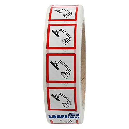 Labelident GHS 05 Etiketten 25 x 25 mm - Warnung ätzende Stoffe - 1.000 Gefahrensymbole Aufkleber auf 1 Rolle(n), 1,57 Zoll (40 mm) Rollenkern, Polyethylen, GHS Kennzeichnung von Labelident