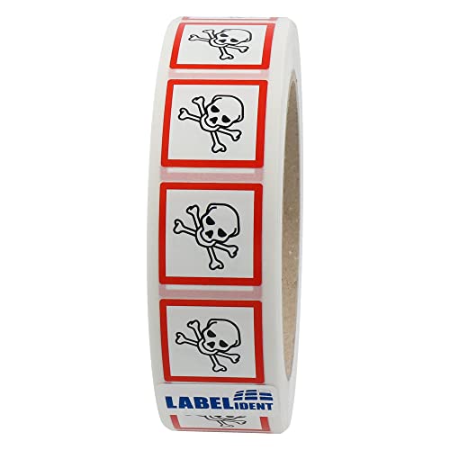 Labelident GHS 06 Etiketten 25 x 25 mm - Warnung giftige Stoffe - 1.000 Gefahrensymbole Aufkleber auf 1 Rolle(n), 1,57 Zoll (40 mm) Rollenkern, Polyethylen, GHS Kennzeichnung von Labelident