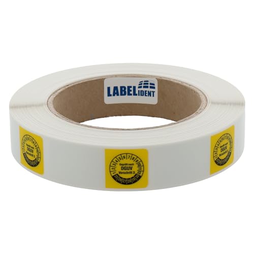 Labelident Kabelprüfplaketten 20 x 50 mm für Kabel-Ø 6,0 bis 12,0 mm - Geprüft nach DGUV Vorschrift 3-1.000 Prüfplaketten auf Rolle 2025-2030, Vinyl gelb von Labelident