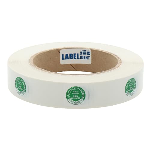 Kabelprüfplaketten 20 x 50 mm für Kabel-Ø 6,0 bis 12,0 mm - Nächster Prüftermin DGUV Vorschrift 3-1.000 Prüfplaketten auf Rolle 2024-2029, Vinyl grün-weiß von Labelident