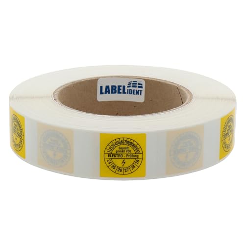 Labelident Kabelprüfplaketten 25 x 70 mm für Kabel-Ø 7,5 bis 16,5 mm - Elektro-Prüfung/Geprüft VDE/Blitzsymbol - 1.000 Prüfplaketten auf Rolle 2024-2029, Vinyl gelb von Labelident