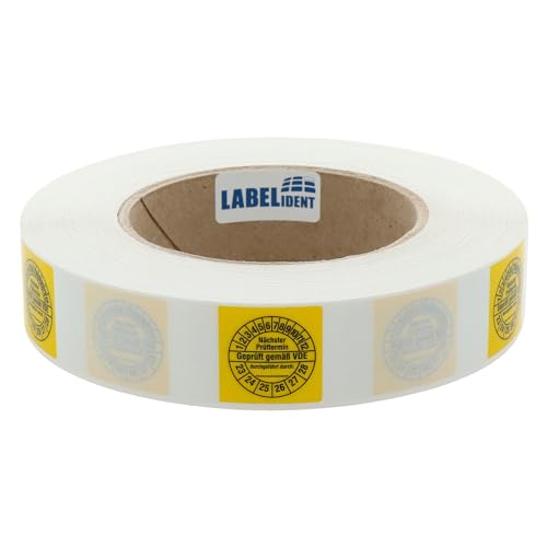 Labelident Kabelprüfplaketten 25 x 70 mm für Kabel-Ø 7,5 bis 16,5 mm - Geprüft gemäß VDE/Nächster Prüftermin - 1.000 Prüfplaketten auf Rolle 2023-2028, Vinyl gelb von Labelident