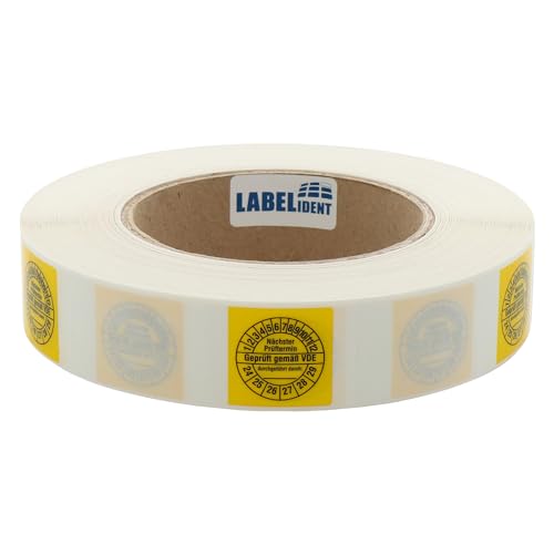 Labelident Kabelprüfplaketten 25 x 70 mm für Kabel-Ø 7,5 bis 16,5 mm - Geprüft gemäß VDE/Nächster Prüftermin - 1.000 Prüfplaketten auf Rolle 2024-2029, Vinyl gelb von Labelident