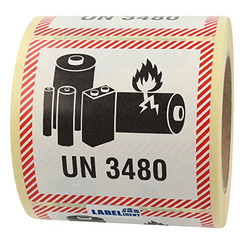 Labelident Transportaufkleber - enthält Lithium Ionen Batterien UN 3480-100 x 100 mm - 500 Batterie Aufkleber auf 76 mm (3 Zoll) Rolle, Akku Etiketten von Labelident