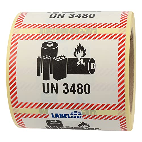Labelident Transportaufkleber - enthält Lithium Ionen Batterien UN 3480-100 x 70 mm - 500 Batterie Aufkleber auf 76 mm (3 Zoll) Rolle, Akku Etiketten von Labelident