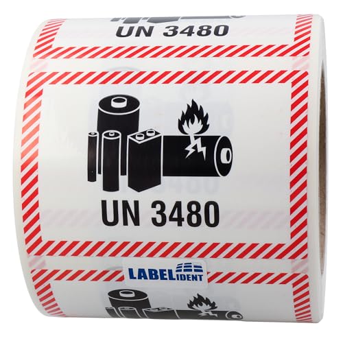 Labelident Transportaufkleber - enthält Lithium Ionen Batterien UN 3480-100 x 70 mm - 500 Batterie Aufkleber auf 76 mm (3 Zoll) Rolle, Akku Etiketten von Labelident