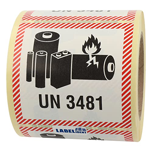 Labelident Transportaufkleber - enthält Lithium Ionen Batterien UN 3481-100 x 100 mm - 500 Batterie Aufkleber auf 76 mm (3 Zoll) Rolle, Akku Etiketten von Labelident