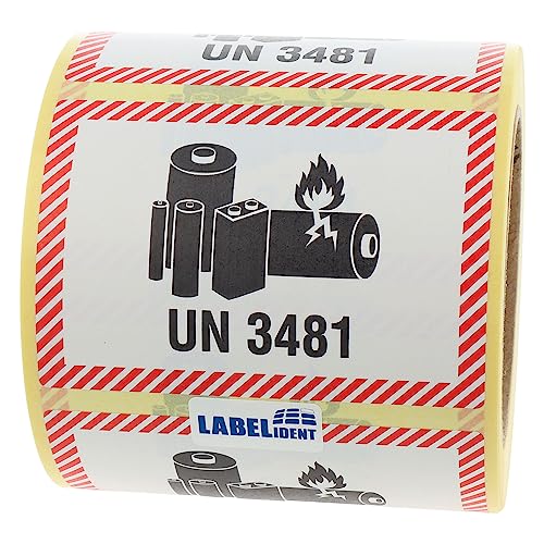 Labelident Transportaufkleber - enthält Lithium Ionen Batterien UN 3481-100 x 70 mm - 500 Batterie Aufkleber auf 76 mm (3 Zoll) Rolle, Akku Etiketten von Labelident