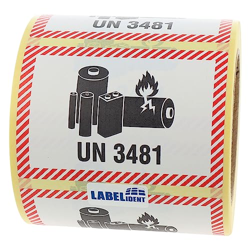 Labelident Transportaufkleber - Lithium-Ionen-Batterien in Ausrüstungen oder mit Ausrüstungen verpackt, UN 3481-100 x 70 mm - 500 Batterie Aufkleber auf 1,57 Zoll (40 mm) Rolle, Akku Etiketten von Labelident