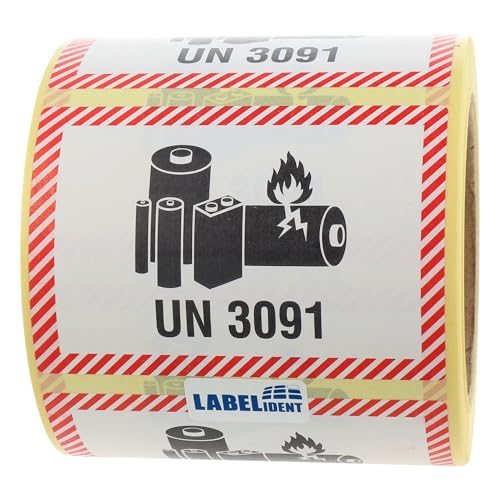 Labelident Transportaufkleber - enthält Lithium Metall Batterien UN 3091-100 x 70 mm - 500 Batterie Aufkleber auf 76 mm (3 Zoll) Rolle, Akku Etiketten von Labelident