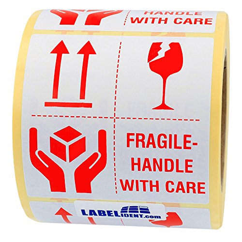 Labelident Warnetiketten 100 x 100 mm - fragile - handle with care - 500 Versandaufkleber auf 1 Rolle(n), 1,57 Zoll (40 mm) Kern, Papier selbstklebend von Labelident