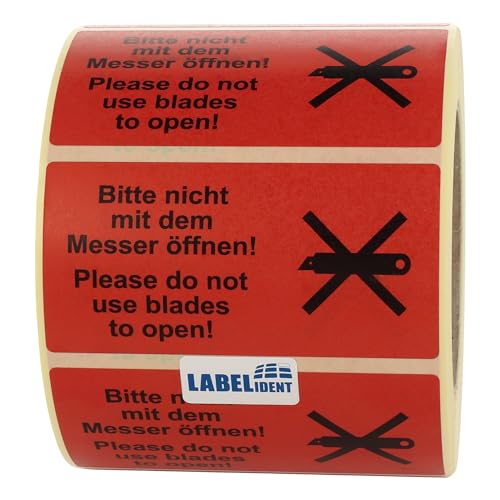 Labelident Warnetiketten 100 x 50 mm - Bitte nicht mit dem Messer öffnen/Please do not use blades to open - 1.000 Versandaufkleber auf 1 Rolle(n), 1,57 Zoll (40 mm) Kern, Papier selbstklebend von Labelident