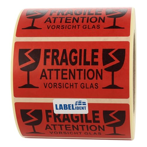 Warnetiketten 100 x 50 mm - Fragile - Attention - Vorsicht Glas - 1.000 Vorsicht Glas Aufkleber auf 1 Rolle(n), 40 mm Kern, Papier selbstklebend von Labelident
