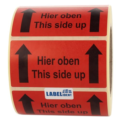 Warnetiketten 100 x 50 mm - Hier oben/This side up - 1.000 Versandaufkleber auf 1 Rolle(n), 40 mm Kern, Papier selbstklebend von Labelident