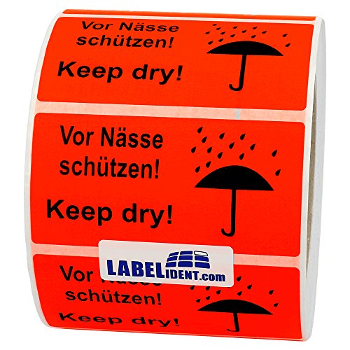 Labelident Warnetiketten 100 x 50 mm - Vor Nässe schützen! Keep dry! - 1.000 Versandaufkleber auf 1 Rolle(n), 3 Zoll (76,2 mm) Kern, Papier selbstklebend von Labelident