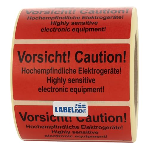 Labelident Warnetiketten 100 x 50 mm - Vorsicht! Caution! Hochempfindliche Elektrogeräte! - 1.000 Versandaufkleber auf 1 Rolle(n), 3 Zoll (76,2 mm) Kern, Papier selbstklebend von Labelident